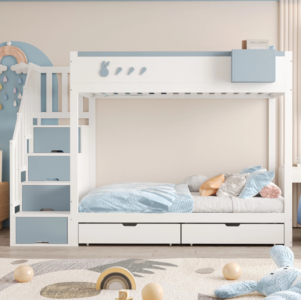 Letto a castello 90x200 cm con cassetti e ripiano rimovibile in pino, compensato e MDF bianco e blu