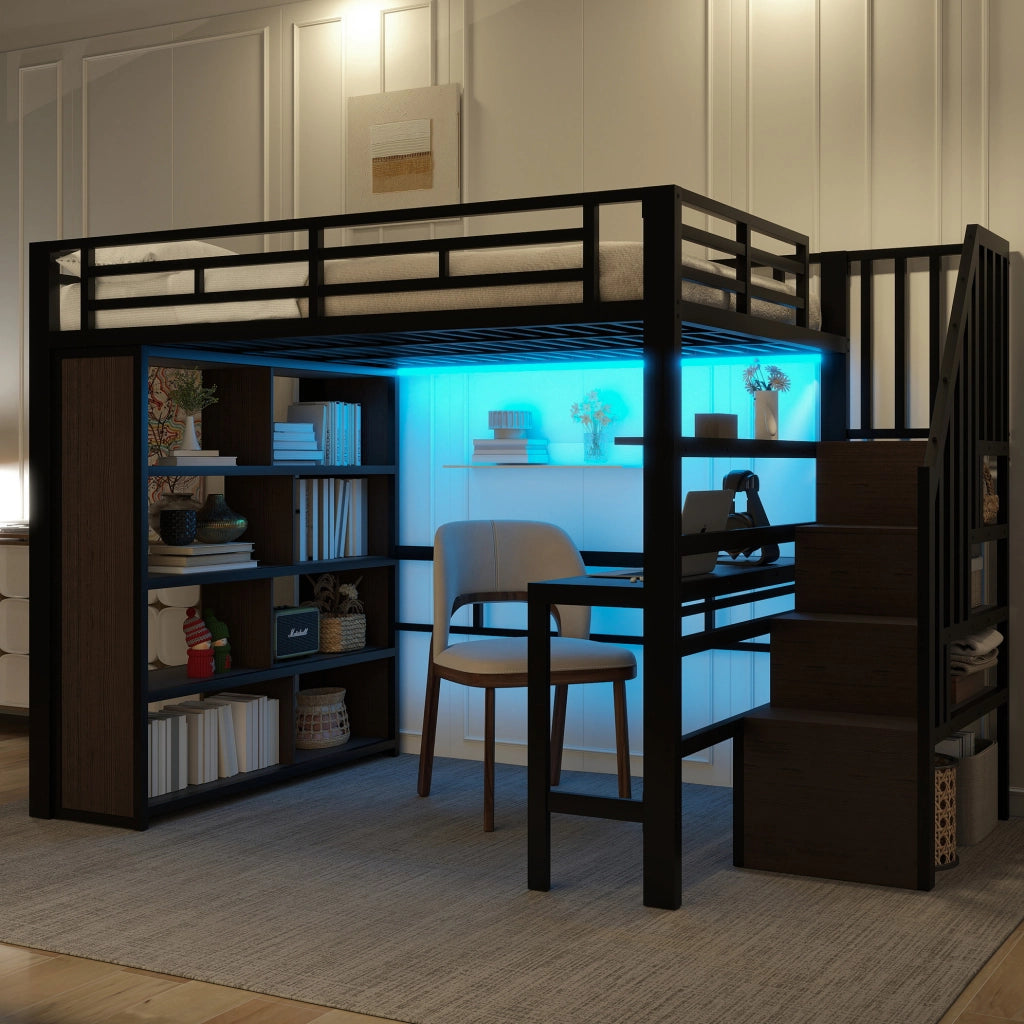 Letto a soppalco ULEVR 140x200 cm con scrivania, ripiani, scala contenitore e LED regolabile, nero