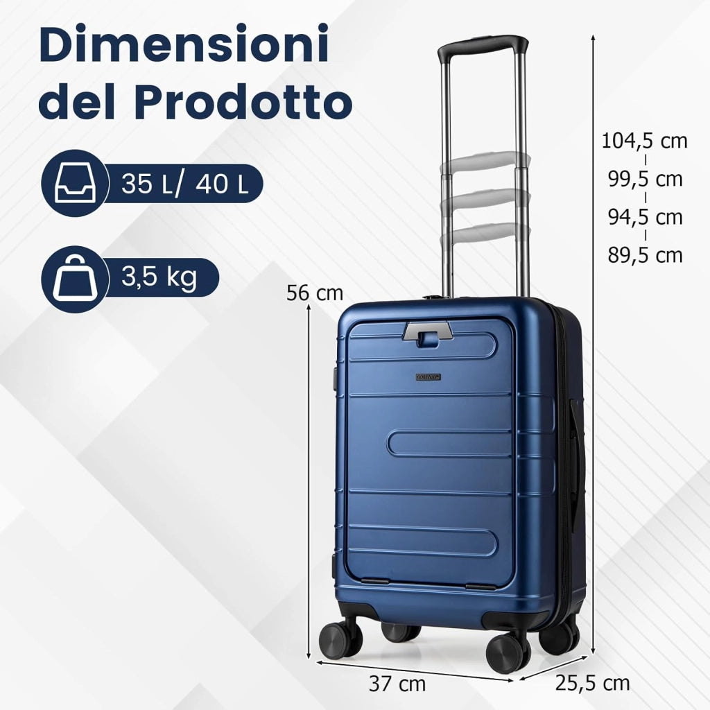 Valigia Bagaglio a Mano 20" con Tasca Frontale, Porta USB, Trolley Bagaglio a Mano con Serratura, Ruote Girevoli, Manico Regolabile (Senza Beauty + Blu Scuro)
