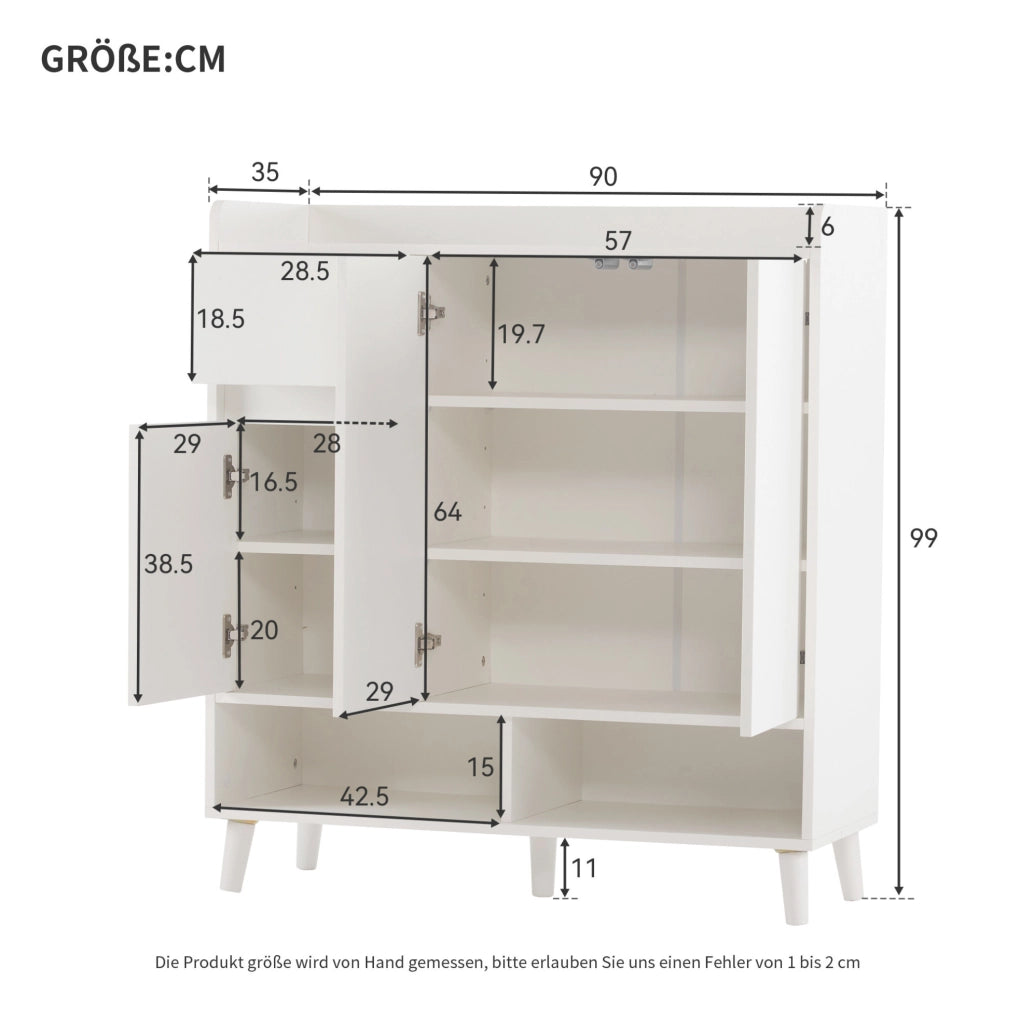 Scarpiera 90x35x99 cm con ripiani regolabili e vani aperti; pannello truciolare bianco