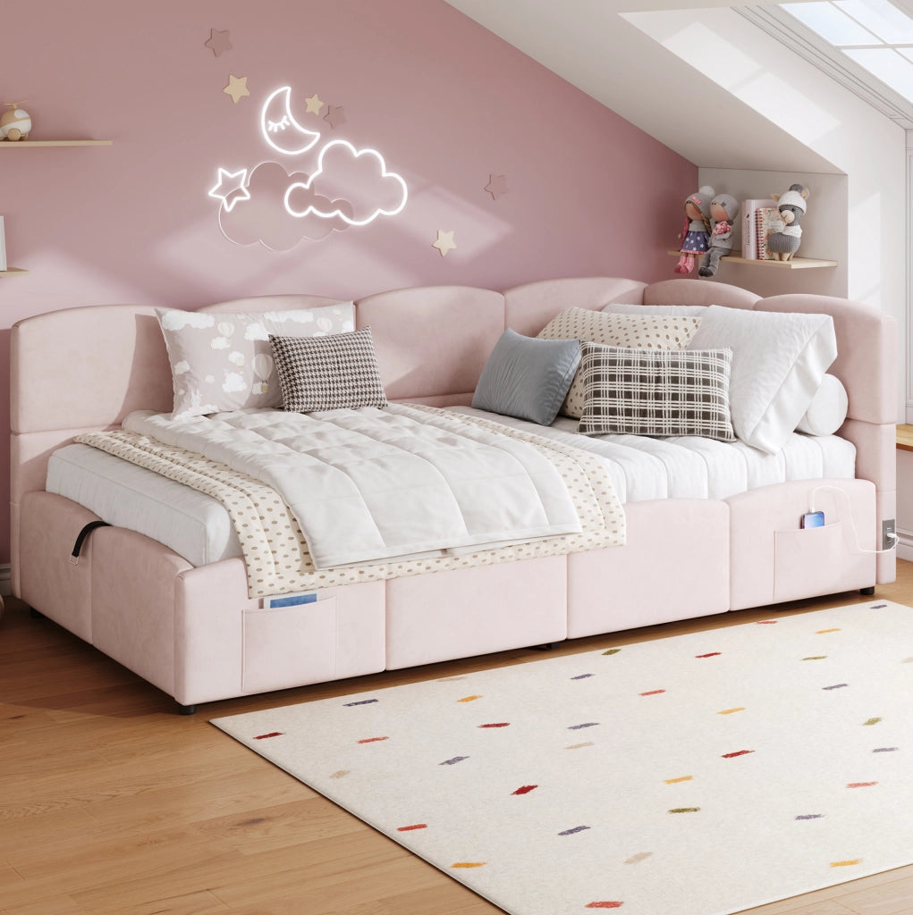Divano letto contenitore 90x200 cm con USB e USB C; velluto rosa