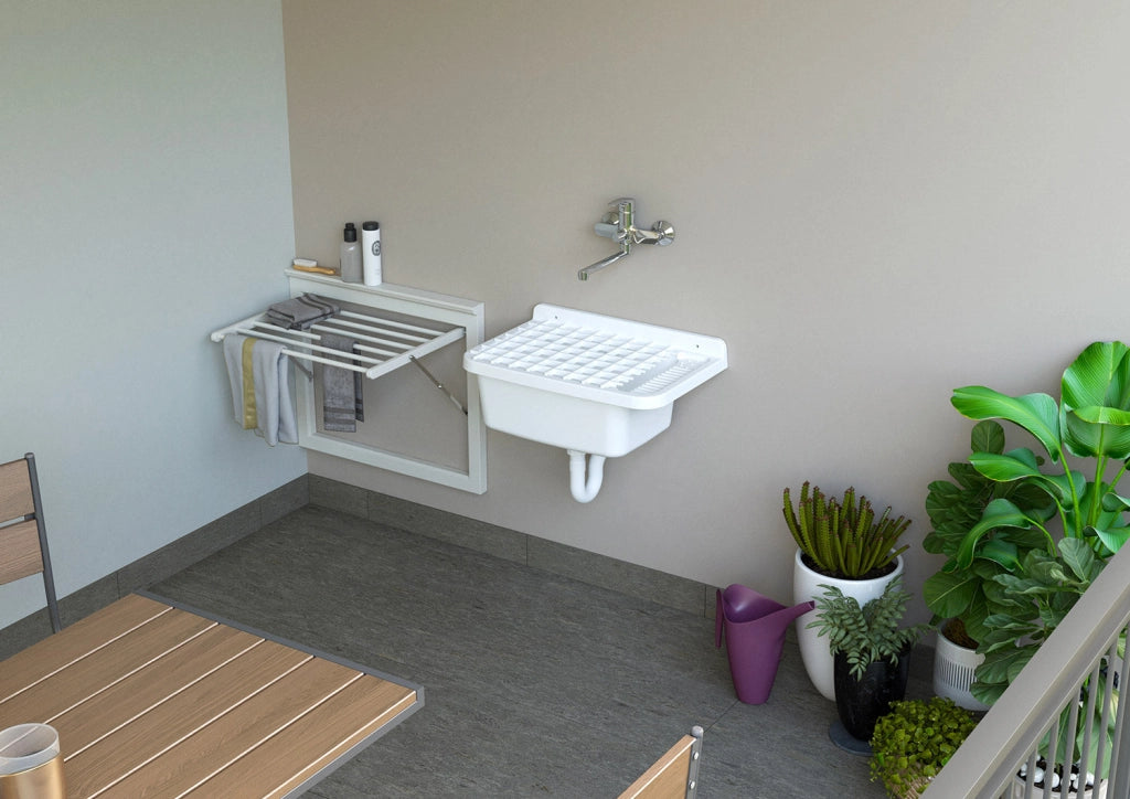 Lavatoio 50 cm Pilozzo a Parete con Griglia in Resina Bianco