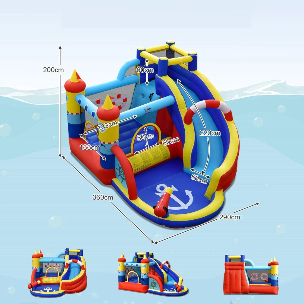 Parco acquatico 6 in 1 con scivolo curvo per cortile, Castello a forma di nave per bambini con piscina