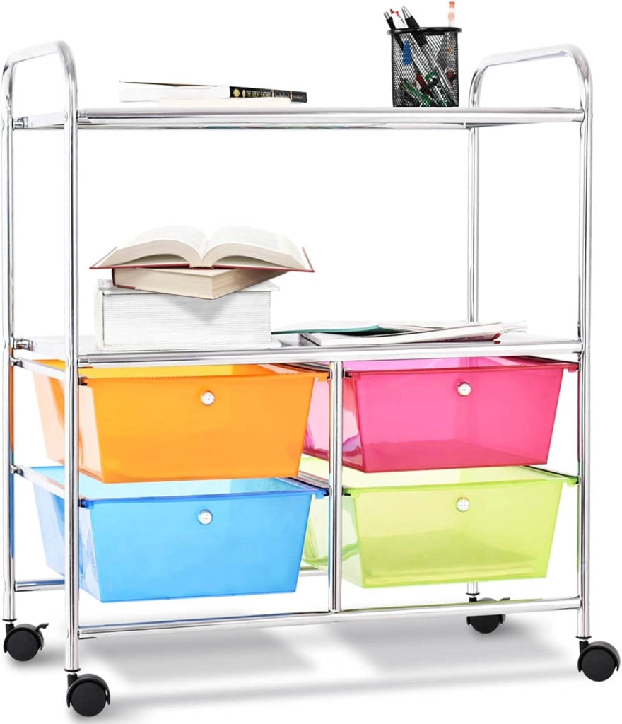 Carrello con 4 Cassetti e 2 Ripiani, Carrello Portaoggetti con Ruote per Cucina Bagno Ufficio, Multiuso, 58,5x37x75 cm (Colorato)