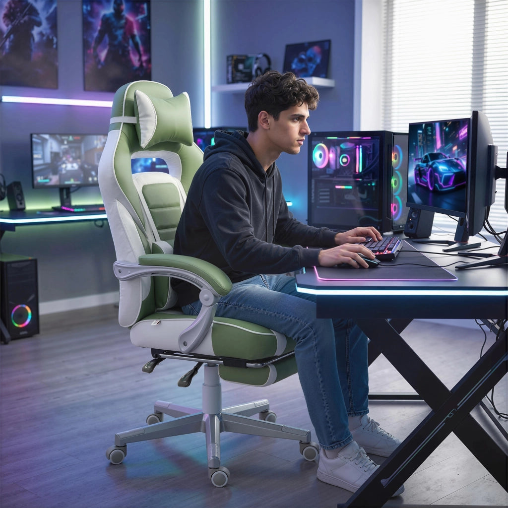 Sedia da Gaming Reclinabile con Poggiapiedi e Schienale Regolabile Verde ¨C Minimal ¨C Tessuto