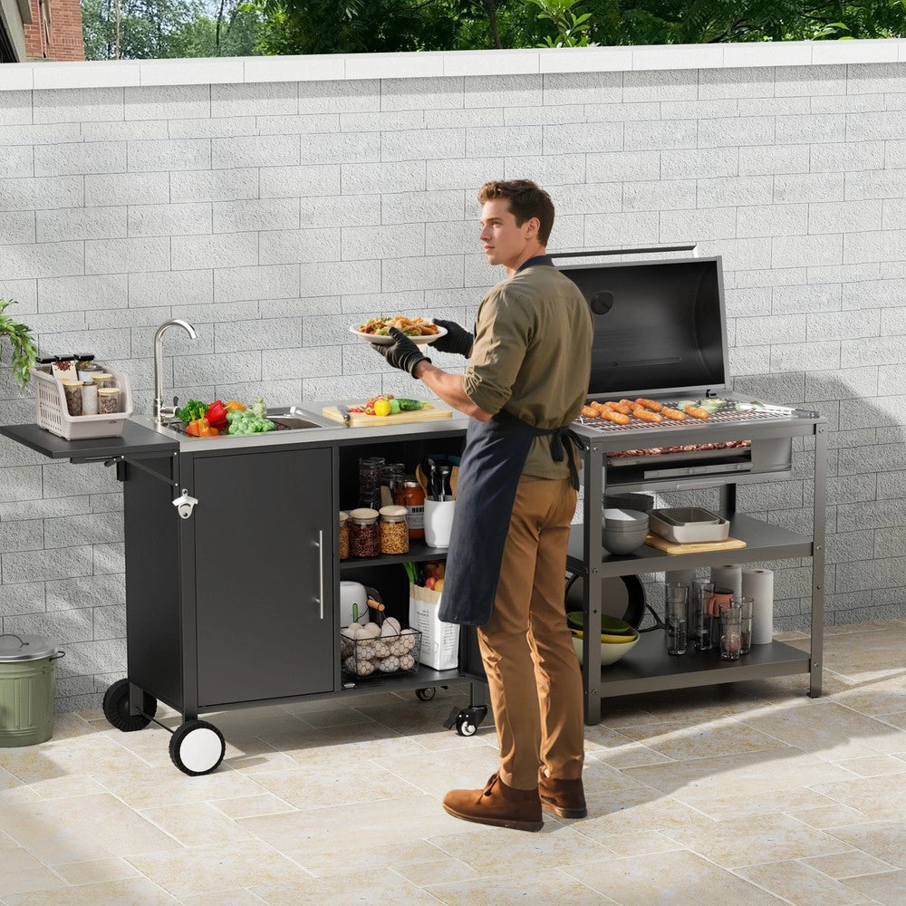 Carrello da Barbecue con Lavello e Piano Ribaltabile ¨C Xylo ¨C Metallo, con Ruote