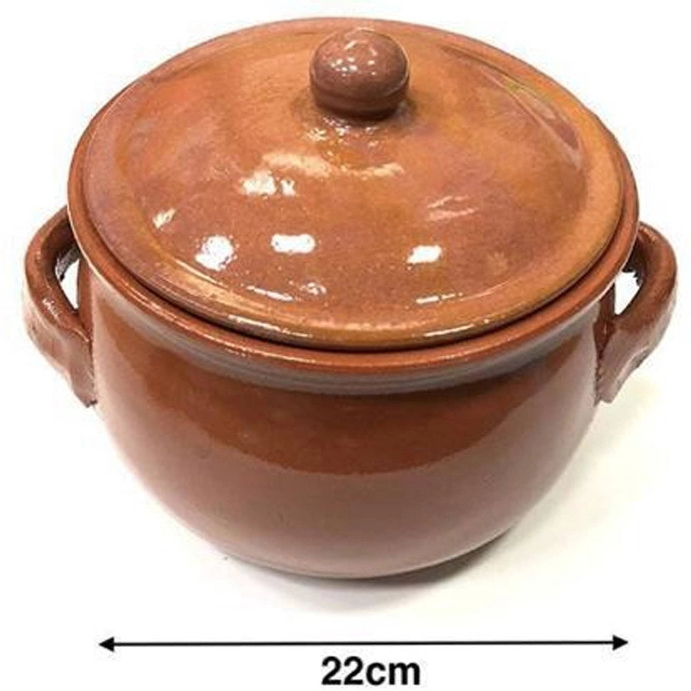 Trade Shop - Pentola Tegame In Terracotta Bombata Con Manici E Coperchio Da Forno Cottura 22 -