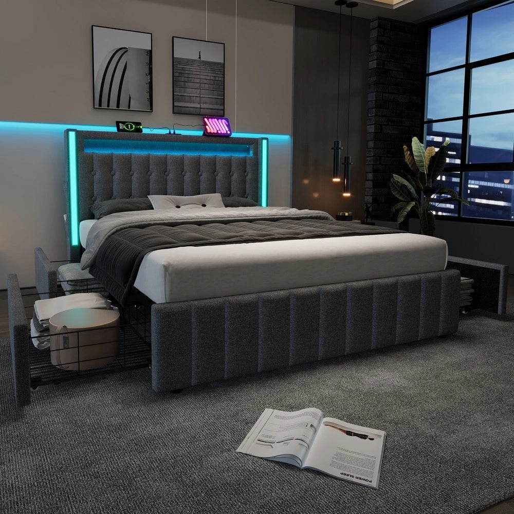 Letto imbottito con cassetti e LED ¨C Minimal ¨C Grigio, legno, 140x200cm, con materasso