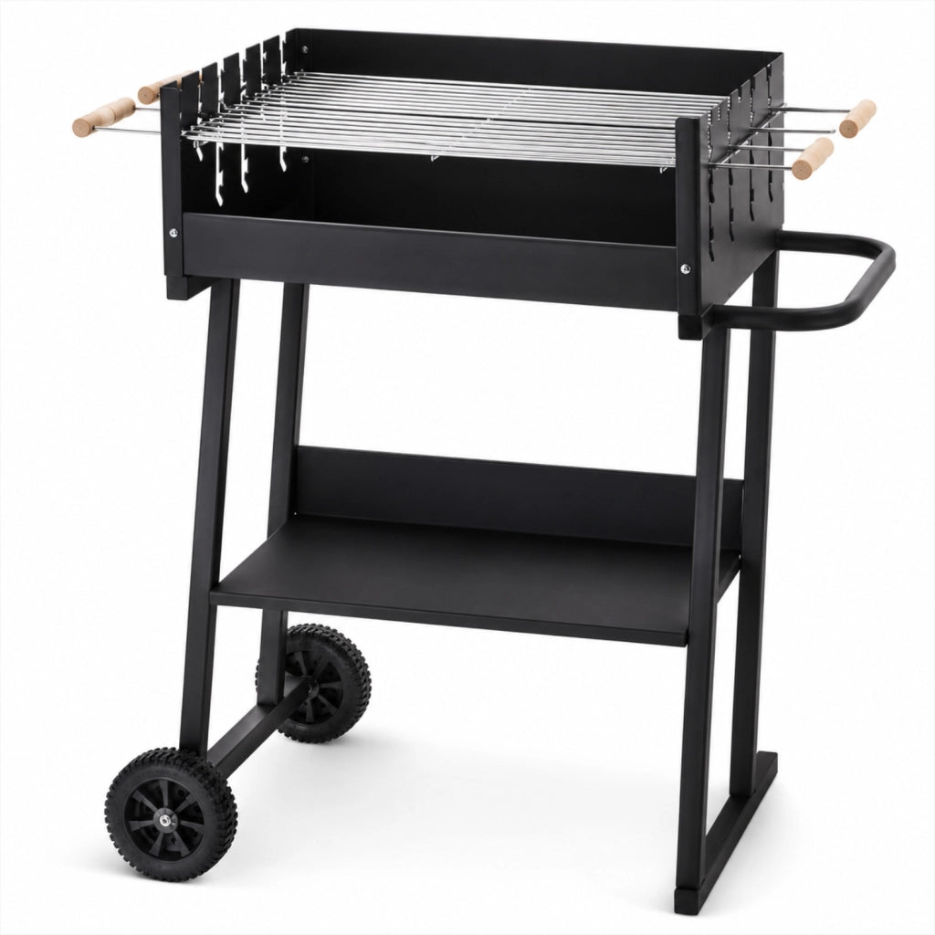 BBQ Grill A Carbone Con Griglia Regolabile Su Più Livelli Struttura In Acciaio Termico Piano Portaoggetti Integrato E Ruote Per Esterno Giardino Campeggio E Outdoor Cooking 87 x 52 x 90 Cm Nero
