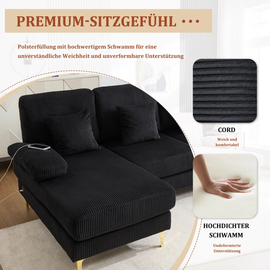 DIVANO a U in velluto nero 265x135x88 cm con LED e porta USB