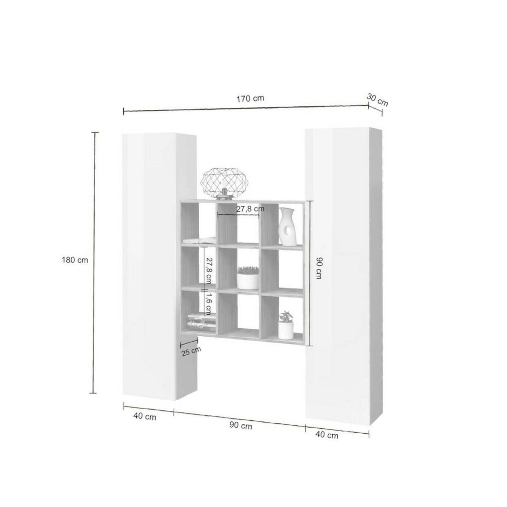 Madia Acerenza, Credenza 16 Ripiani Made in Italy, 40x30x180h cm Bianco Lucido