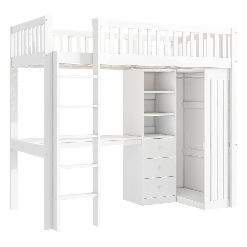 Letto mezzanino 90x200cm - Xylo - bianco, 3 cassetti, armadio, sicuro