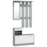 Mobile Appendiabiti 3 in 1 con Scarpiera e Specchio, Ganci e Cassetti, in Legno, 90x10x102 cm, Bianco e Grigio