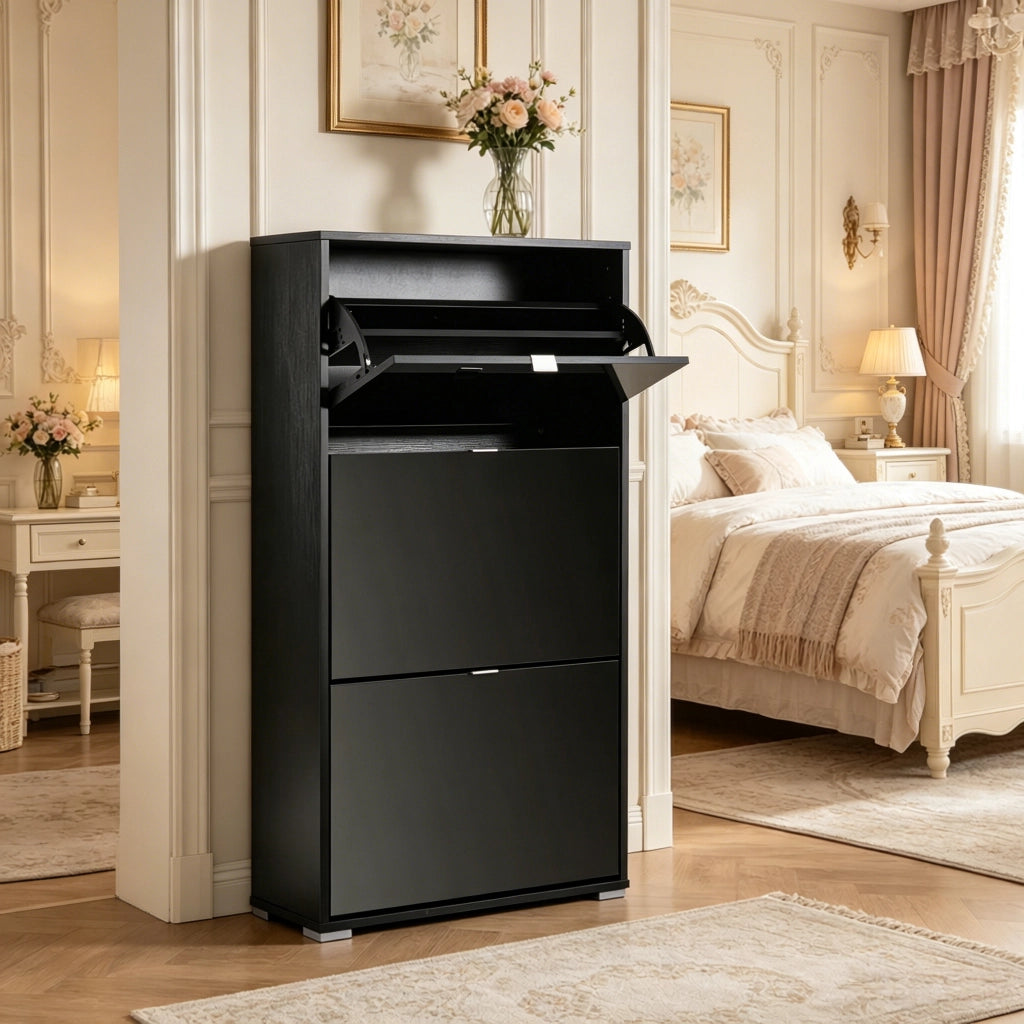 Scarpiera con 3 ante ribaltabili e vani regolabili, per ingresso e camera da letto, in MDF, nero, 60 × 26 × 124 cm