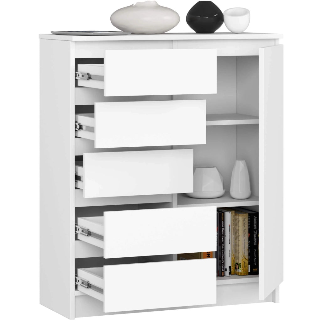 Cassettiera AKORD K80 Comò Bianca 80 cm 1 porta 5 cassetti 80x35x97 cm