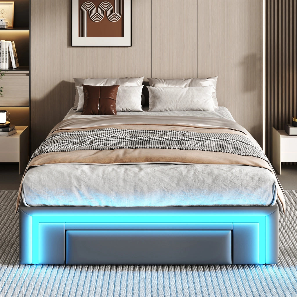 LETTO 90x200 cm in PU Grigio con cassetti e striscia LED, senza testiera