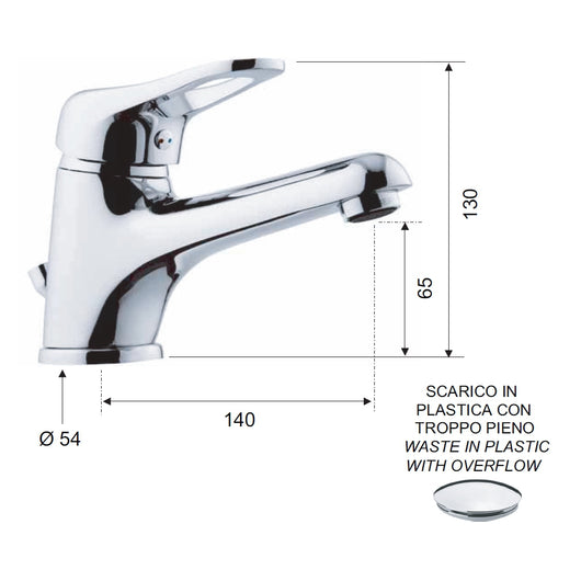 Rubinetto lavabo con scarico in plastica e bocca lunga - serie kiss
