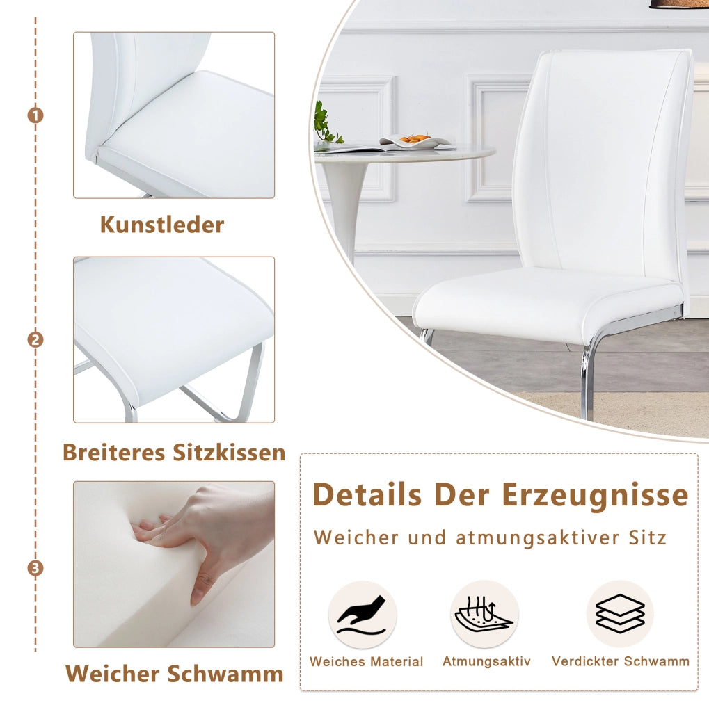 Sedia da pranzo moderna in PU bianco con struttura in metallo argento; schienale ergonomico