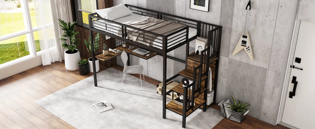 DESMIU Letto a soppalco 1 posto con scala laterale, armadio e scrivania 90 × 200 cm, senza materasso