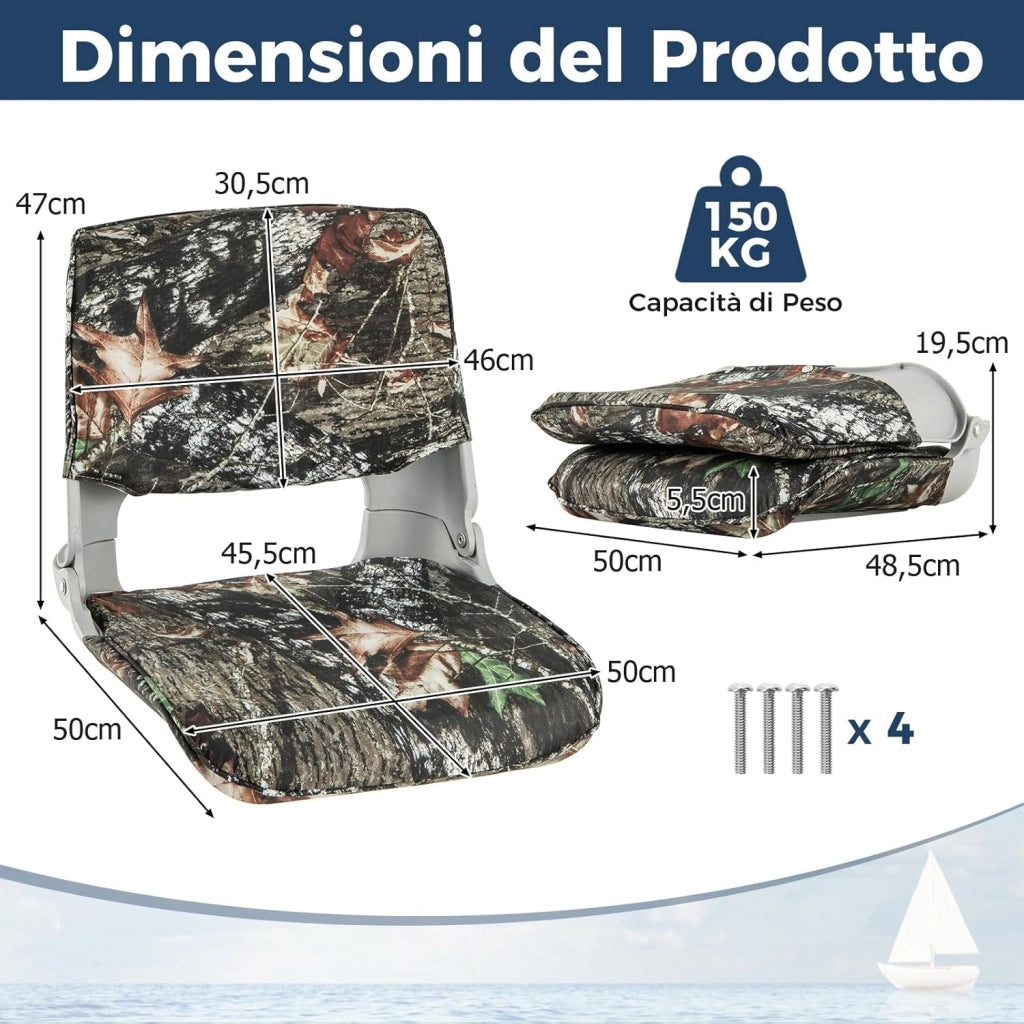 Sedia da Barca Pieghevole, Sedia con Schienale Basso con Cuscini Imbottiti in PVC, Telaio in PP, Bulloni di Fissaggio, Sedia Impermeabile per Barca da Pesca, Barca Turistica, 50 x 50 x 47 cm