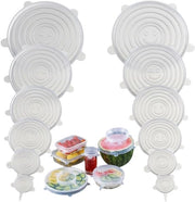 Set di 12 coperchi in silicone riciclabili e sostenibili, diverse misure, prevenzione della perdita di cibo, resistente a lavastoviglie e congelatore