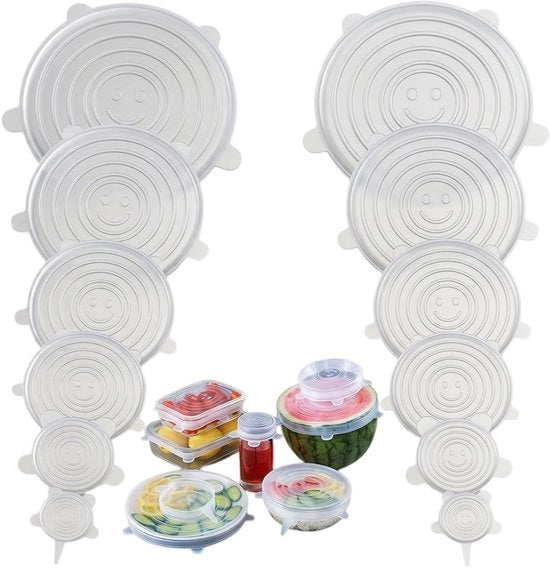 Set di 12 coperchi in silicone riciclabili e sostenibili, diverse misure, prevenzione della perdita di cibo, resistente a lavastoviglie e congelatore