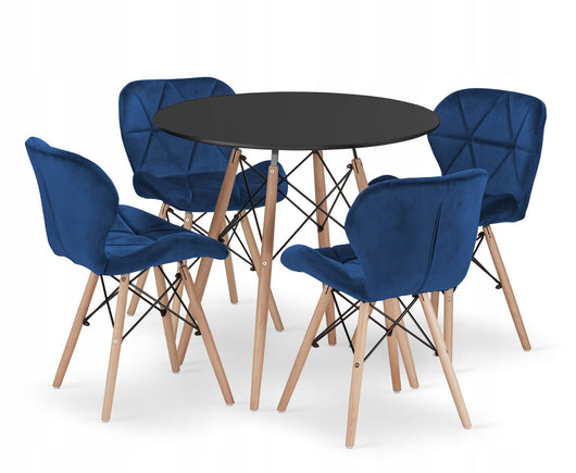 Tavolo rotondo nero VALORA KOVA 80 con 4 sedie blu navy WAKO