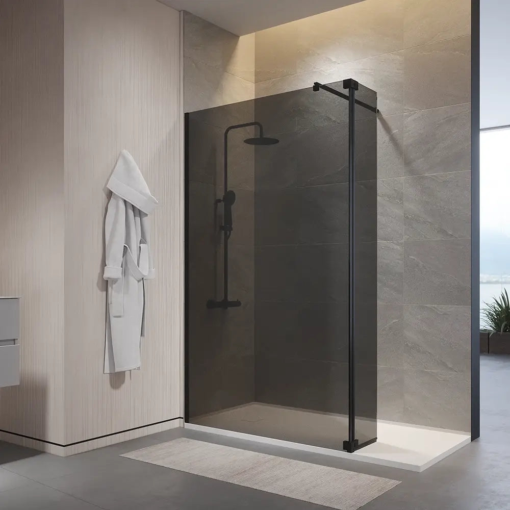 Doccia walk-in 100cm + anta 30cm vetro temperato anticalcare 10mm fumé profili neri | Naxos