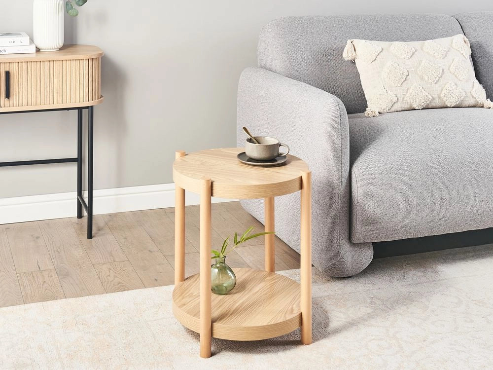 Tavolino Rotondo MDF con scaffale portaoggetti legno chiaro stile tradizionale scandinavo