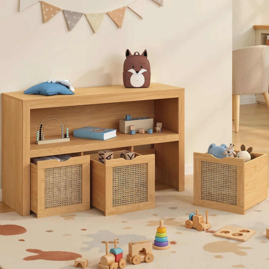 IDMarket - Contenitore per bambini EDHEN in legno e canna con 3 cassetti a cubo su rotelle