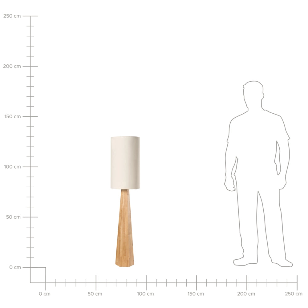 Lampada da terra moderna con paralume a tamburo in tessuto di lino e legno di gomma naturale