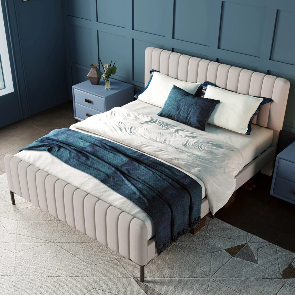 Letto imbottito 160x200 cm; testiera regolabile; lino grigio-beige (Senza materasso)