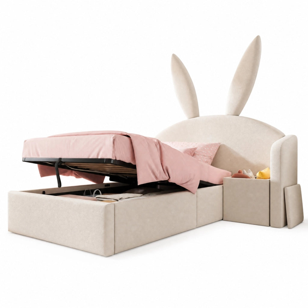 Letto junior 90x200 cm in velluto beige con contenitore; comodino integrato e design con orecchie