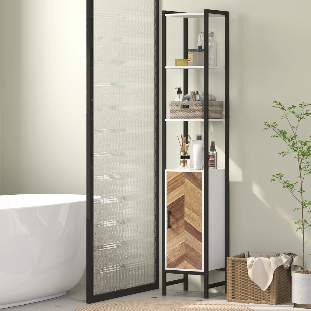 Armadietto Bagno con 3 Ripiani Aperti 1 Anta e Ripiano Regolabile ¨C Zephmum ¨C Bianco e Noce 30x30x170 cm