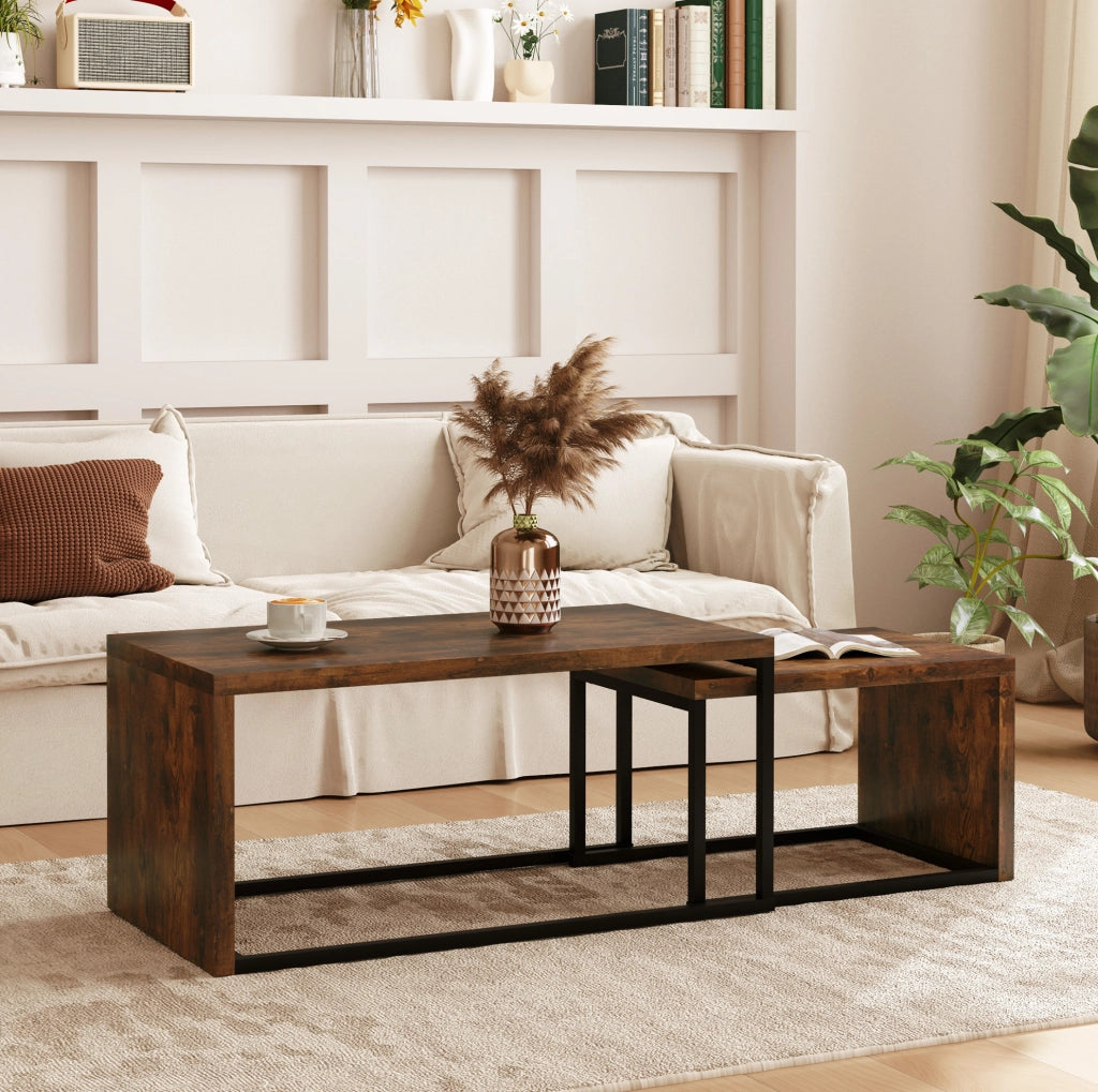 Set di 2 Tavolini da Salotto con Piano in MDF e Gambe in Metallo Nero e Marrone, Dimensioni Varie