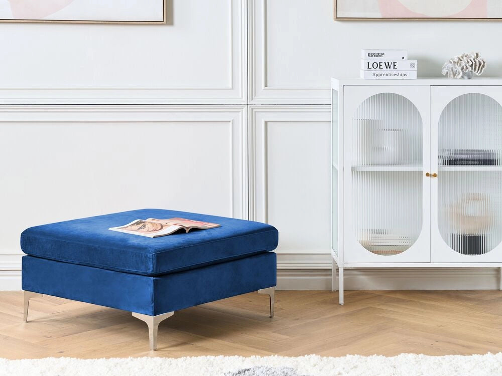 Ottomana con cuscino superiore in velluto blu marino ottomana Gambe in metallo argentato Stile glamour