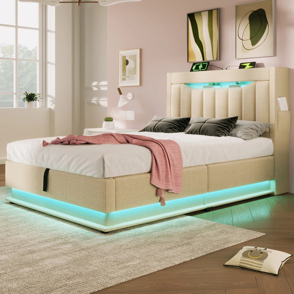 LETTO contenitore 90x200 cm in lino beige con LED e ricarica USB/Type-C