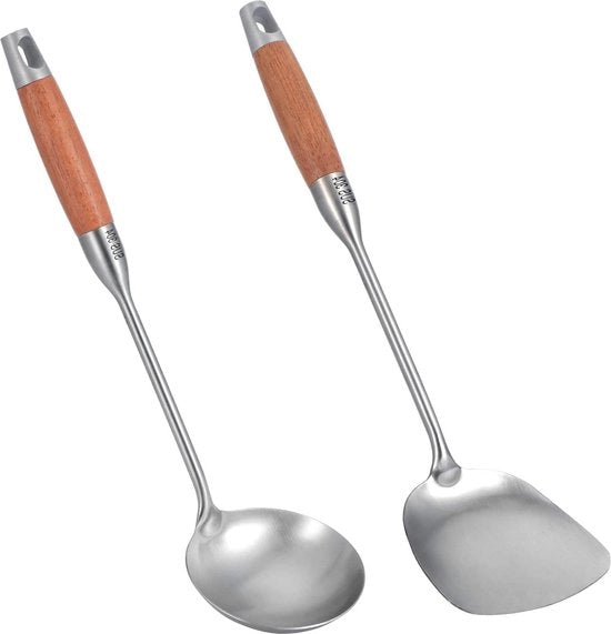 Set di Cucina in Acciaio Inox - Wok Spatola e Cestello per Zuppa - Maniglia in Legno Resistente al Calore