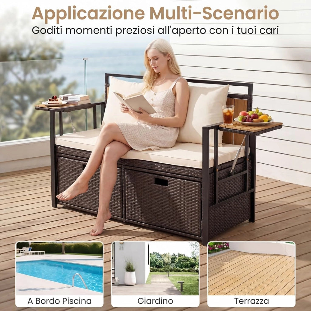 Panca da Giardino con Vano Contenitore, Panchina a 2 Posti in Rattan PE, con Tavolini Pieghevoli, Cuscini Imbottiti, per Esterno, Balcone, Terrazza, 120 x 51 x 82 cm, Portata 360 kg (Beige)