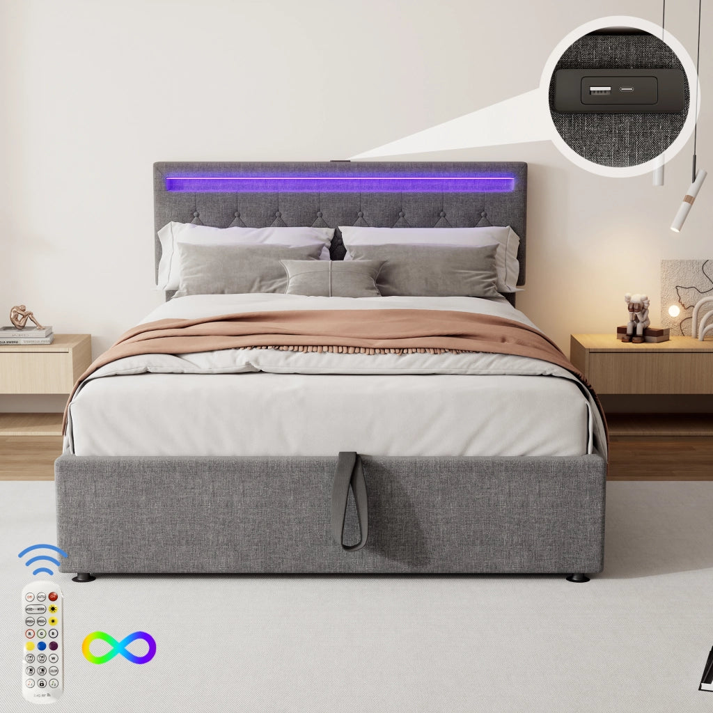 Letto Contenitore 140x200 cm; Letto Matrimoniale - USB; Type-C; LED Regolabile - Grigio