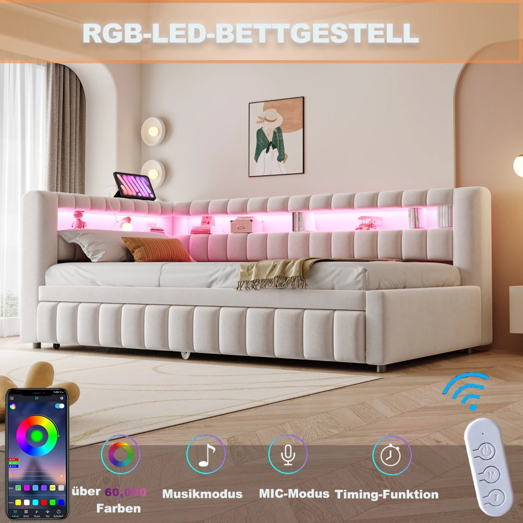 Letto estraibile singolo 90×200 cm con LED; USB; Type-C e ripiani; senza materasso; velluto; beige