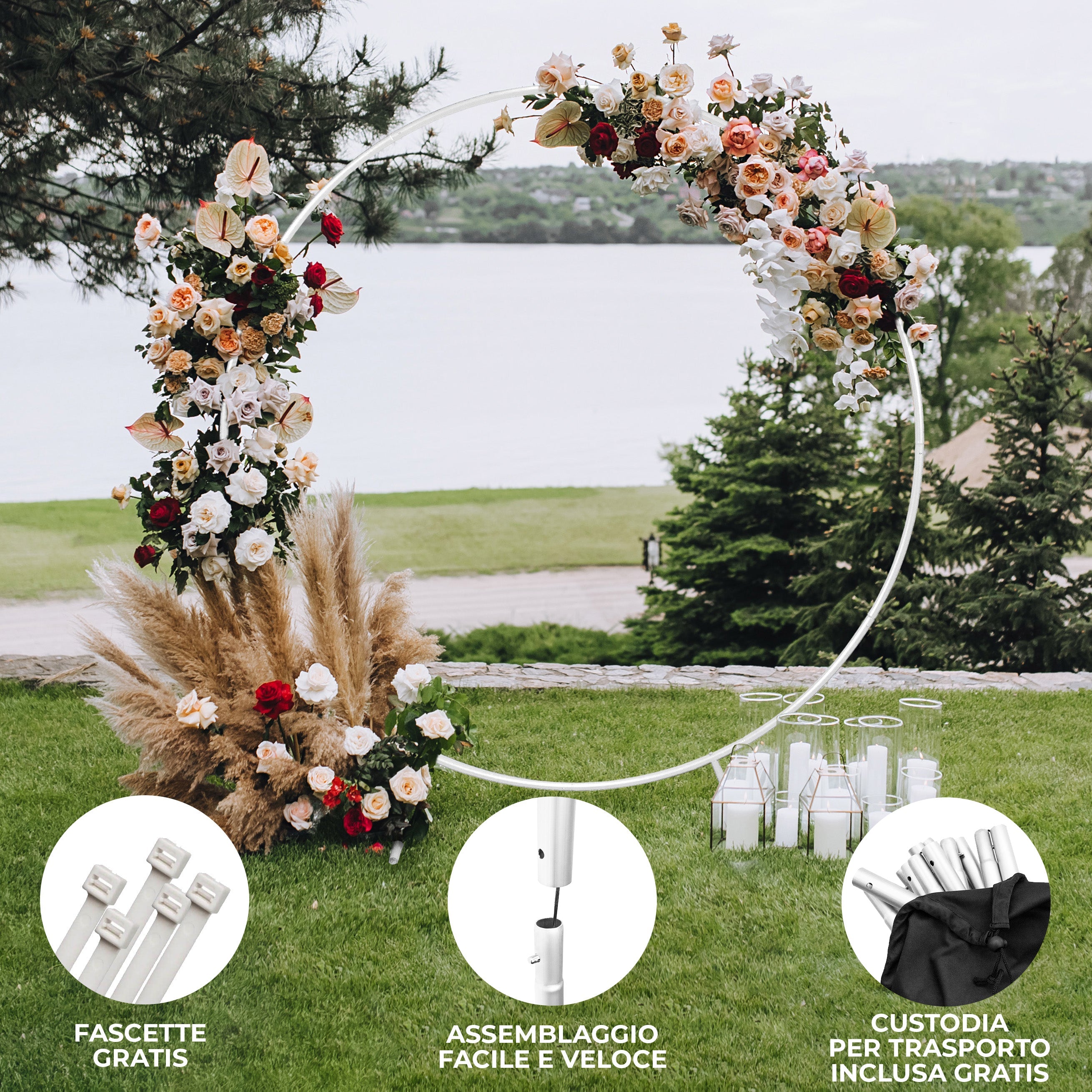 Kit Arco Palloncino Fiori Rotondo 200cm in Metallo Enorme Rimovibile Facile da Trasportare e Riutilizzabile Migliore Decorazione per Matrimoni Nozze Eventi Feste 2M & Fascette GRATIS - Bianco