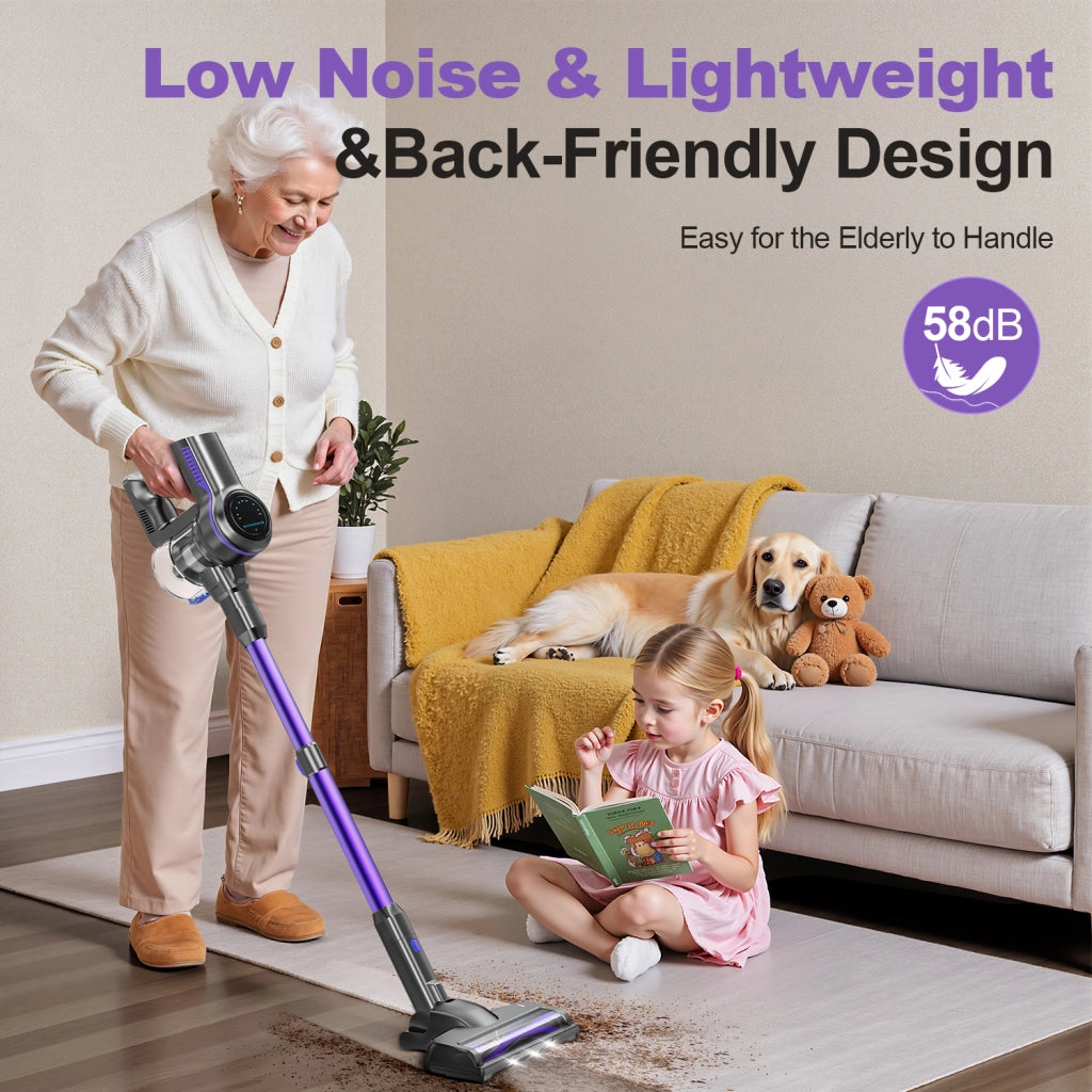 Aspirapolvere senza fili INSE S7P viola con display a LED e spazzola a rullo morbida.