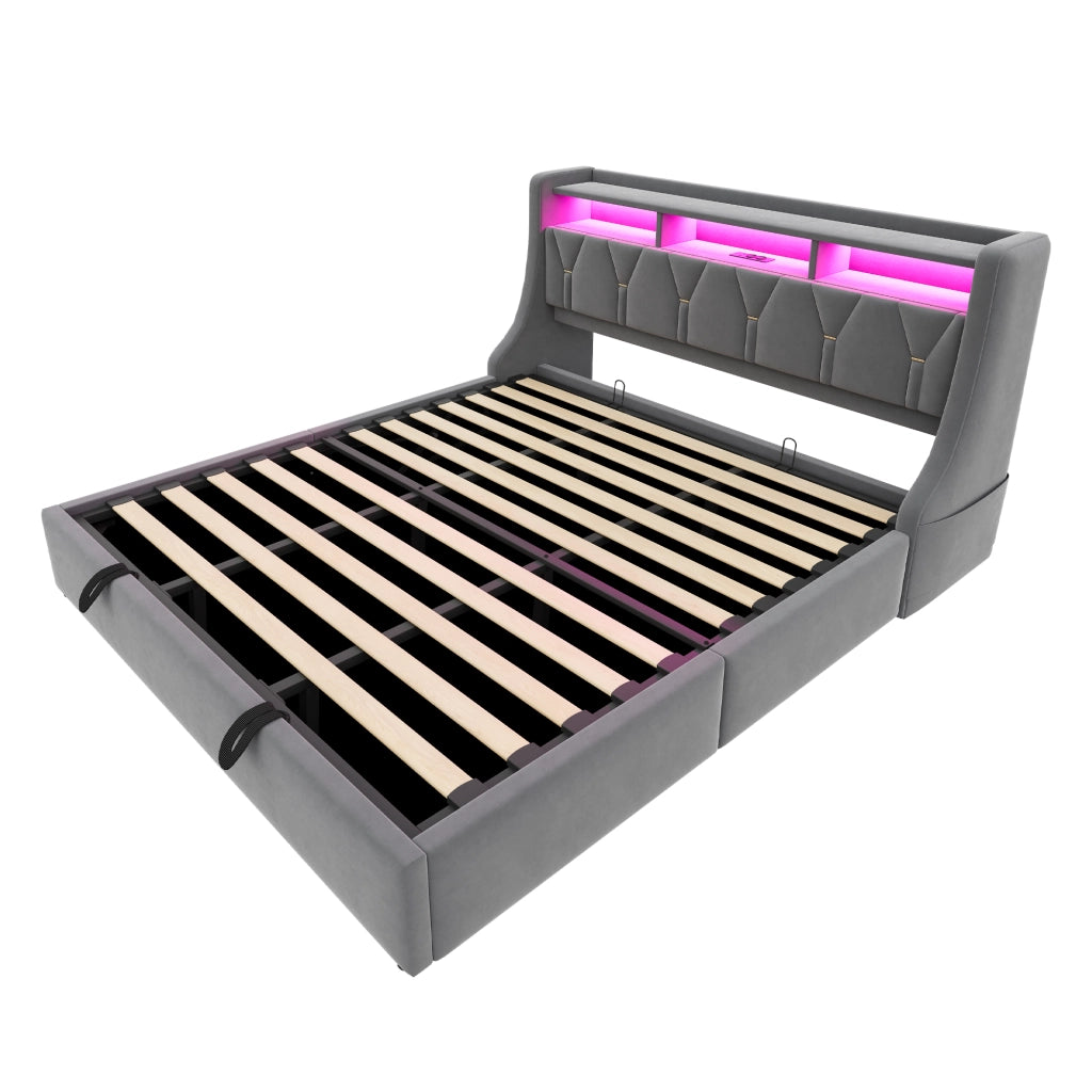 Letto matrimoniale imbottito 180x200 cm con testiera pieghevole, prese USB/Type-C, LED e contenitore idraulico