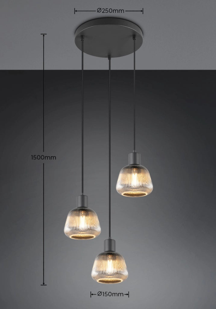 Lampadario retro Trio Tarifa nero vetro 3xE27 Ø37cm