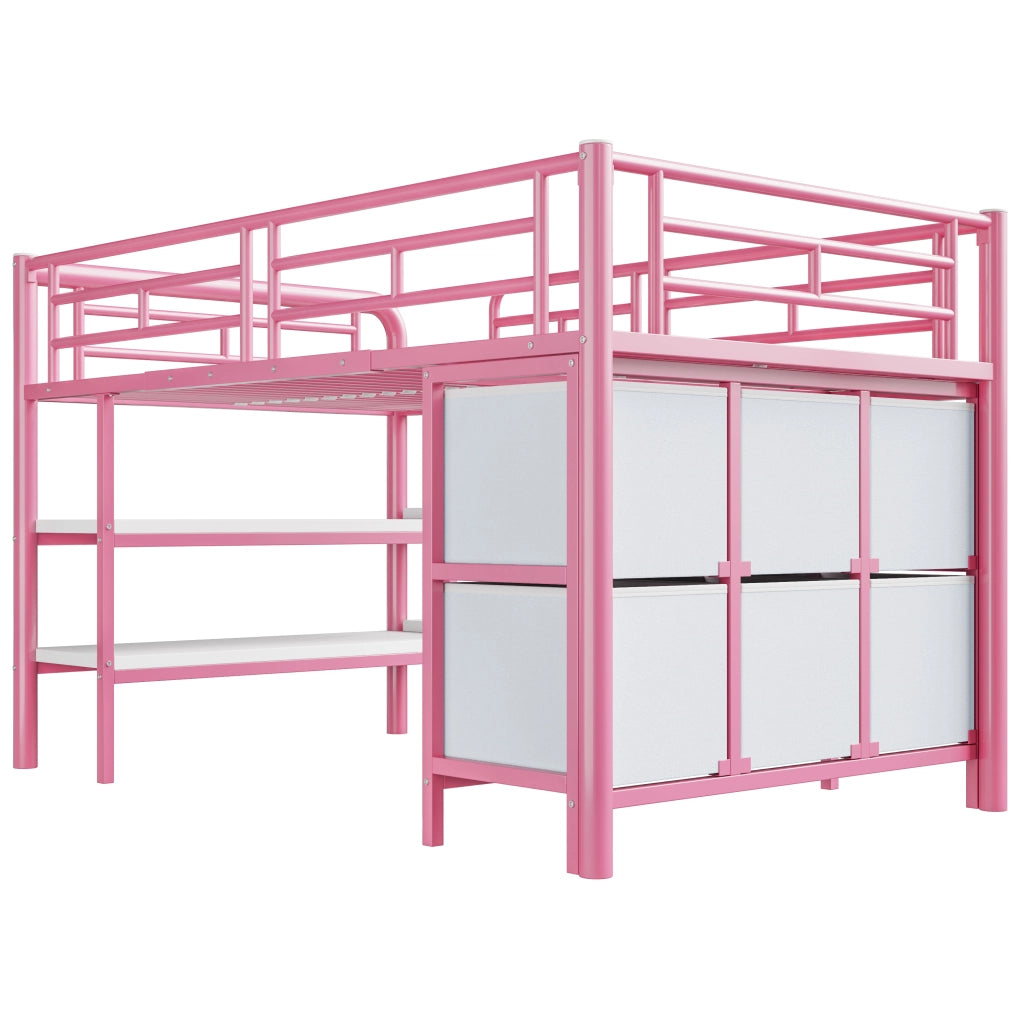 Letto a soppalco basso per bambini 90x200 cm in metallo e MDF rosa con scale larghe, cassetti e ripiani