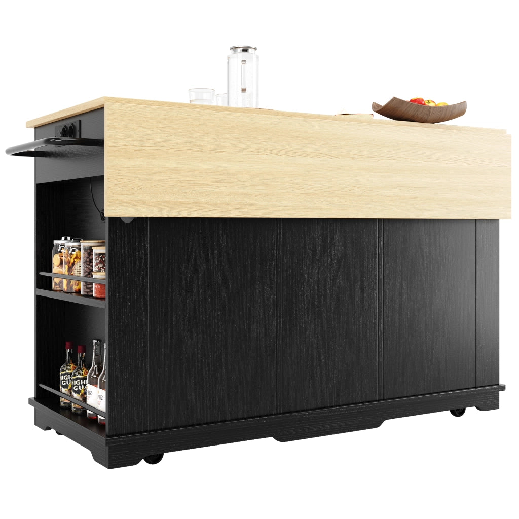 OKWISH Carrello da cucina con 2 Cassetti e 6 Vani, Piano Ribaltabile, Prese di Corrente e Portaasciugamani, per Cucina, MDF e Metallo, Nero e Naturale