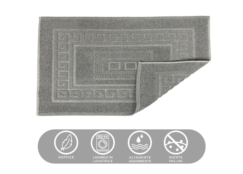 Tappeto Bagno Doccia Spugna Tinta Unita Torino Tappetino Super Assorbente In Cotone Pelo Corto Con Greca - 60x180 - Grigio