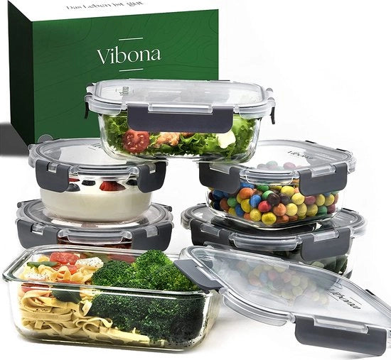 Contenitore di conservazione per alimenti in vetro, 12 pezzi, compatibile con forno a microonde e lavastoviglie