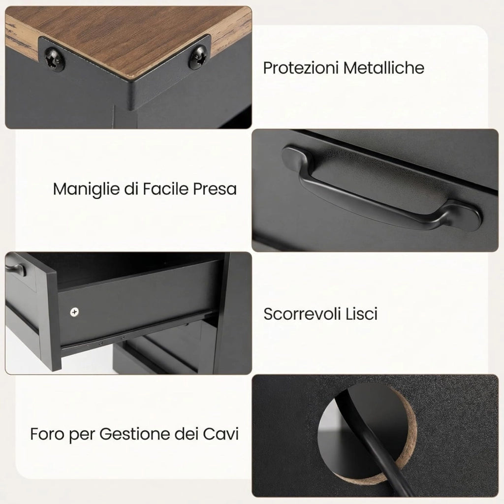 Tavolino con Cassetti e Stazione di Ricarica, Comodino con Mensola Aperta, 2 Cassetti, 2 Prese AC, Porta USB e Porta Type-C, Tavolino da Divano e Letto per Salotto e Camera da Letto (Nero)